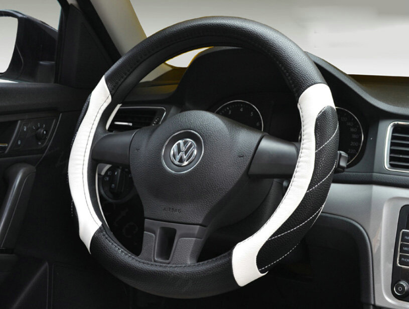Personalized Car Steering Wheel Covers Genuine Leather 15 Inch 38CM - Black White