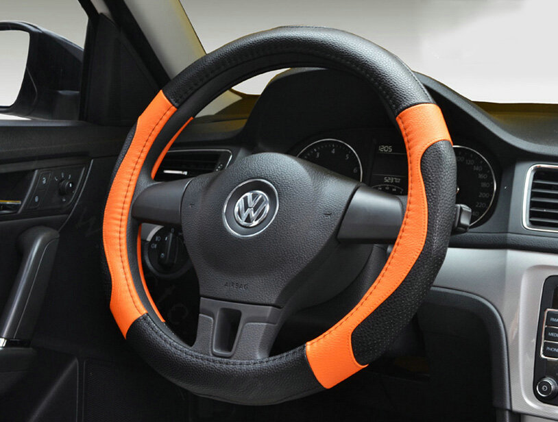 Personalized Car Steering Wheel Wrap Genuine Leather 15 Inch 38CM - Black Orange