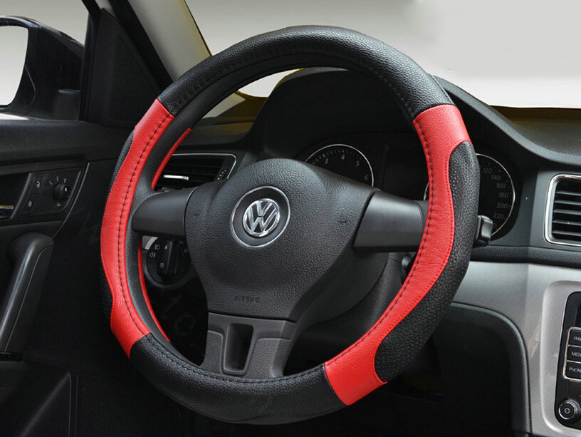 Personalized Car Steering Wheel Wrap Genuine Leather 15 Inch 38CM - Black Red