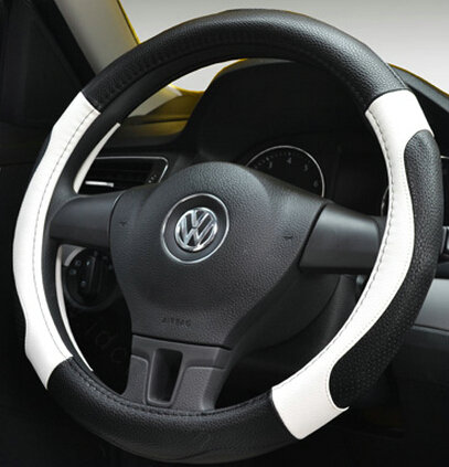 Personalized Car Steering Wheel Wrap Genuine Leather 15 Inch 38CM - Black Red