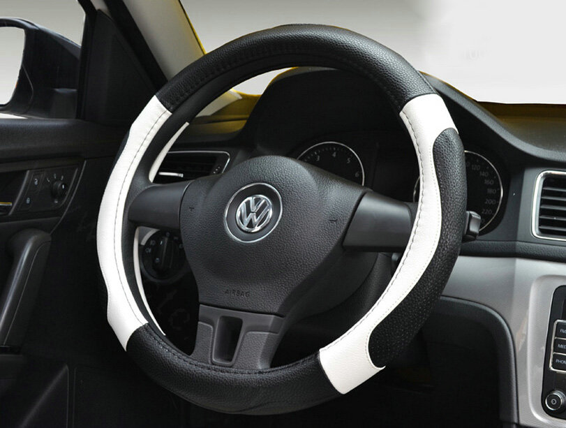 Personalized Car Steering Wheel Wrap Genuine Leather 15 Inch 38CM - Black White
