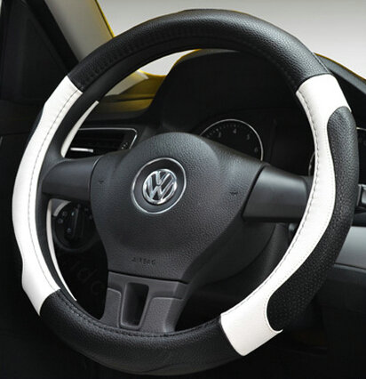 Personalized Car Steering Wheel Wrap Genuine Leather 15 Inch 38CM - Black White