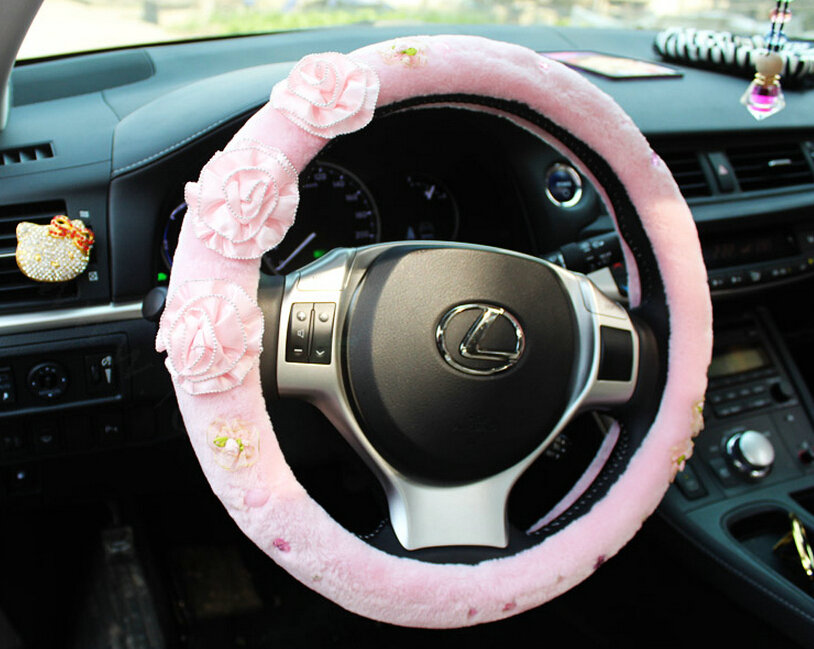 Pink Camellia Car Steering Wheel Covers Velvet 15 Inch 38CM - Pink