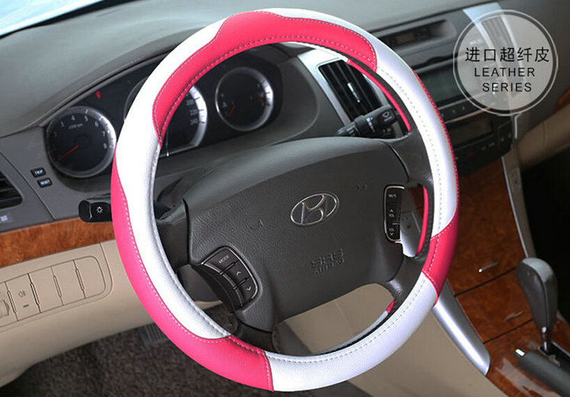 Pretty Car Steering Wheel Wrap PU Leather 15 Inch 38CM - Pink