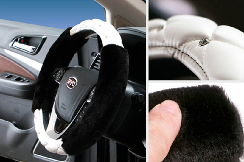 Pretty Diamond Velvet Car Steering Wheel Covers PU Leather 15 Inch 38CM - Black White