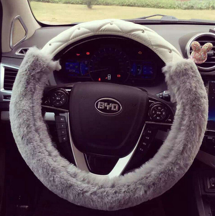Pretty Diamond Velvet Car Steering Wheel Covers PU Leather 15 Inch 38CM - Grey