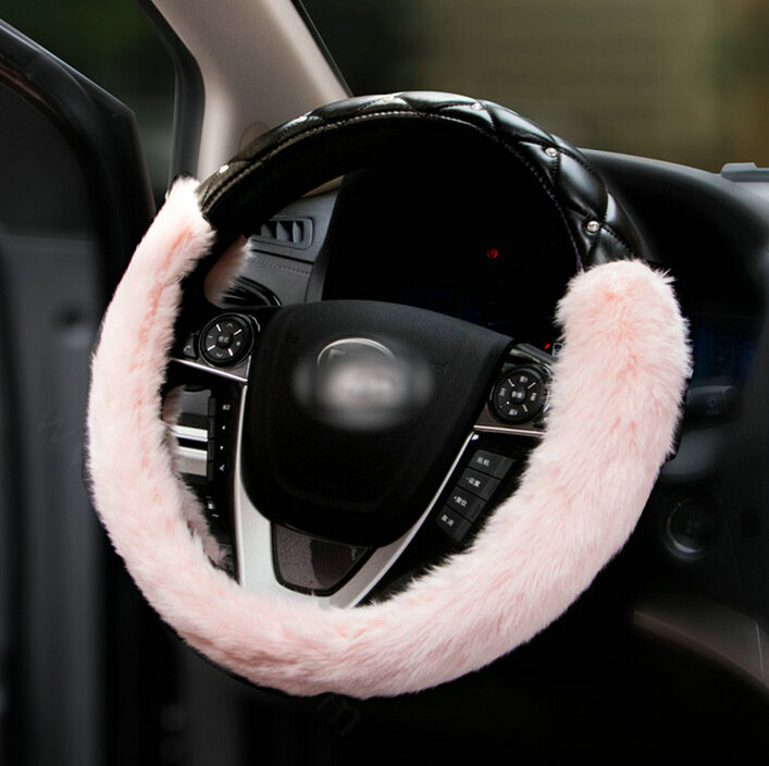 Pretty Diamond Velvet Car Steering Wheel Covers PU Leather 15 Inch 38CM - Pink