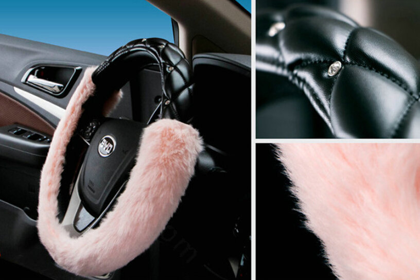 Pretty Diamond Velvet Car Steering Wheel Covers PU Leather 15 Inch 38CM - Pink