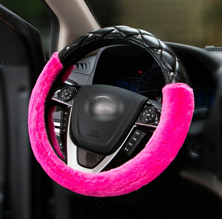 Pretty Diamond Velvet Car Steering Wheel Covers PU Leather 15 Inch 38CM - Rose