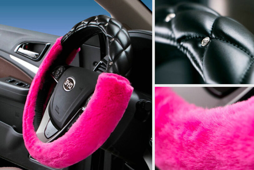 Pretty Diamond Velvet Car Steering Wheel Covers PU Leather 15 Inch 38CM - Rose