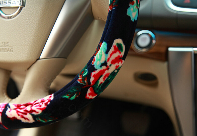 Pretty Flower Car Steering Wheel Covers Velvet 14 Inch 36CM - Black