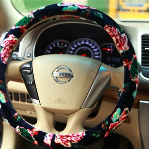 Pretty Flower Car Steering Wheel Covers Velvet 14 Inch 36CM - Black