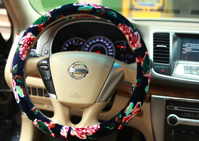 Pretty Flower Car Steering Wheel Covers Velvet 15 Inch 38CM - Black