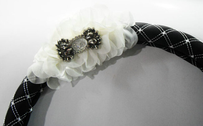 Pretty Flower Diamond Car Steering Wheel Wrap PU Leather 15 Inch 38CM - Black