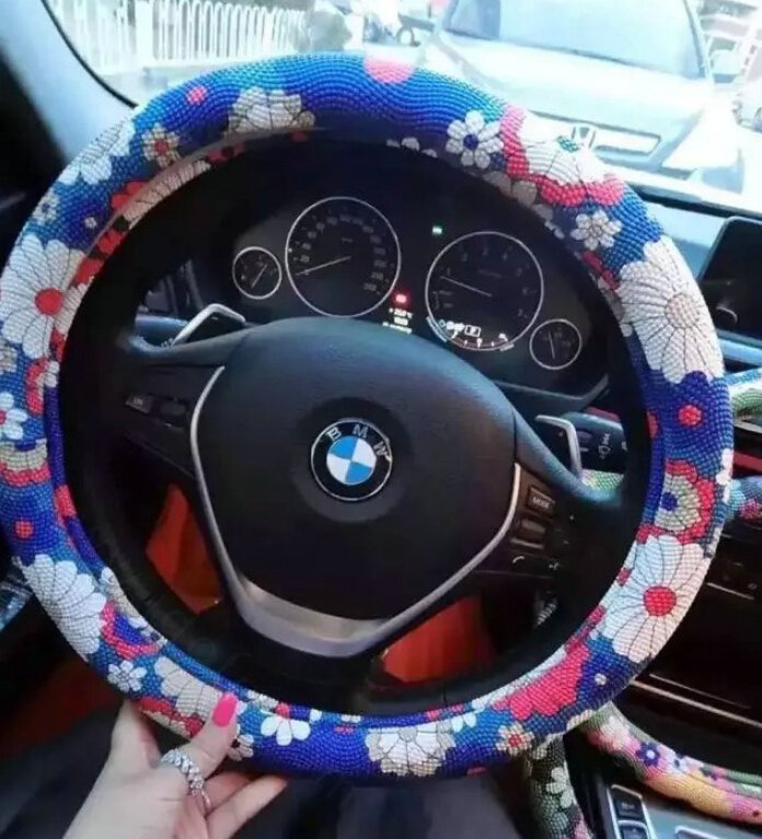Pretty Flower Dot Car Steering Wheel Wrap PU Leather 15 Inch 38CM - Blue