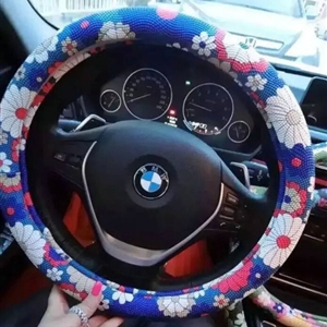 Pretty Flower Dot Car Steering Wheel Wrap PU Leather 15 Inch 38CM - Blue