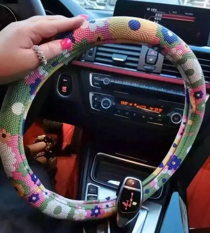 Pretty Flower Dot Car Steering Wheel Wrap PU Leather 15 Inch 38CM - Color