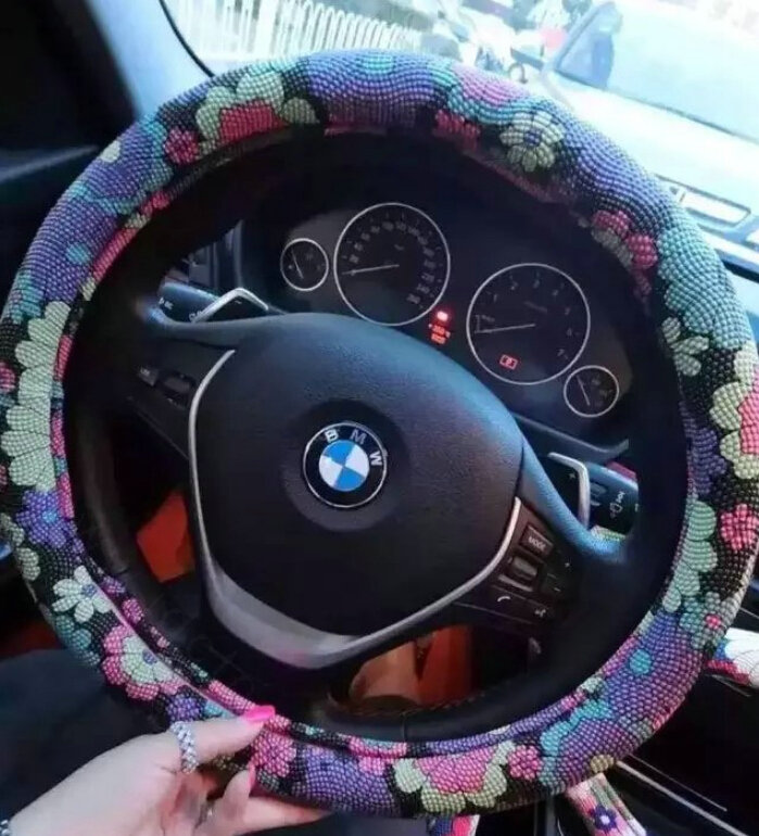 Pretty Flower Dot Car Steering Wheel Wrap PU Leather 15 Inch 38CM - Colorful