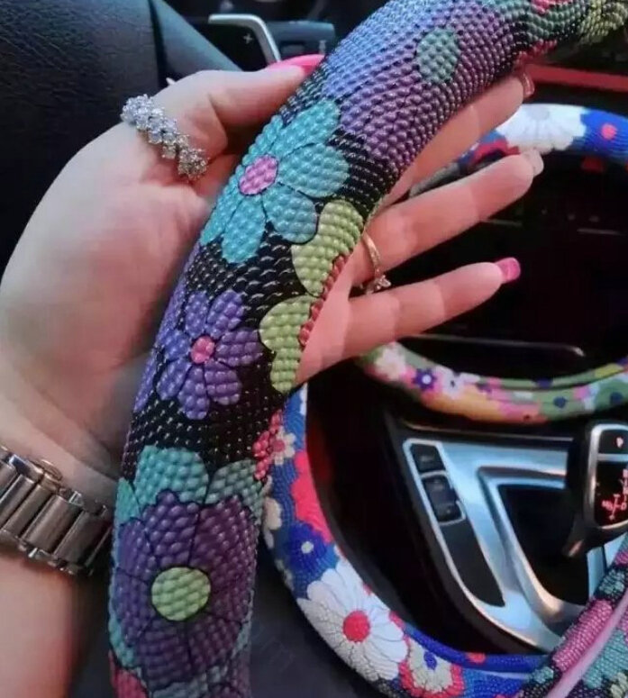 Pretty Flower Dot Car Steering Wheel Wrap PU Leather 15 Inch 38CM - Colorful
