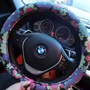 Pretty Flower Dot Car Steering Wheel Wrap PU Leather 15 Inch 38CM - Colorful