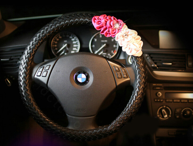 Pretty Flower Knitting Car Steering Wheel Wrap PU Leather 15 Inch 38CM - Black