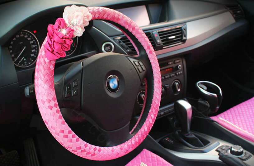 Pretty Flower Knitting Car Steering Wheel Wrap PU Leather 15 Inch 38CM - Pink