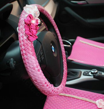 Pretty Flower Knitting Car Steering Wheel Wrap PU Leather 15 Inch 38CM - Pink