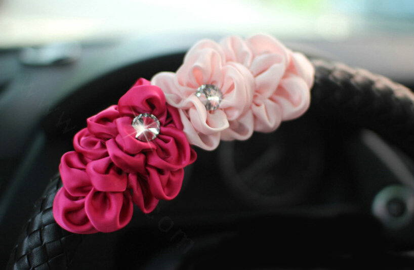 Pretty Flower Knitting Car Steering Wheel Wrap PU Leather 15 Inch 38CM - Pink