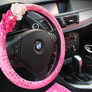 Pretty Flower Knitting Car Steering Wheel Wrap PU Leather 15 Inch 38CM - Pink