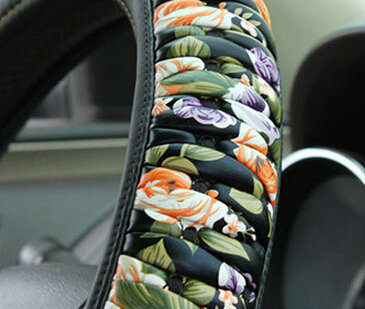 Pretty Flower Print Car Steering Wheel Wrap PU Leather 15 Inch 38CM - Black