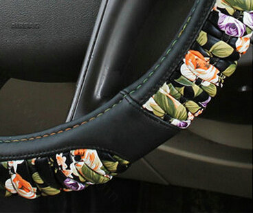 Pretty Flower Print Car Steering Wheel Wrap PU Leather 15 Inch 38CM - Black