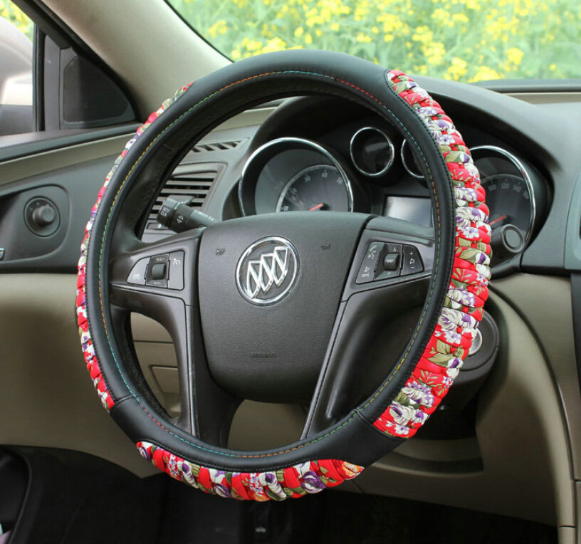 Pretty Flower Print Car Steering Wheel Wrap PU Leather 15 Inch 38CM - Red