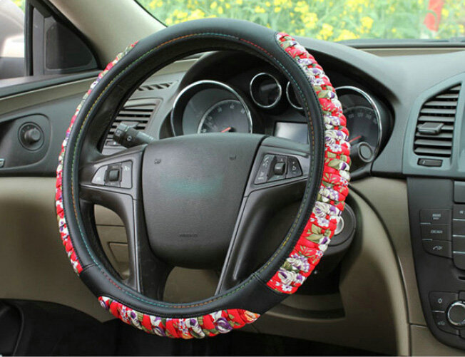Pretty Flower Print Car Steering Wheel Wrap PU Leather 15 Inch 38CM - Red