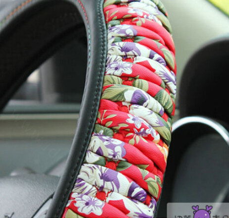 Pretty Flower Print Car Steering Wheel Wrap PU Leather 15 Inch 38CM - Red