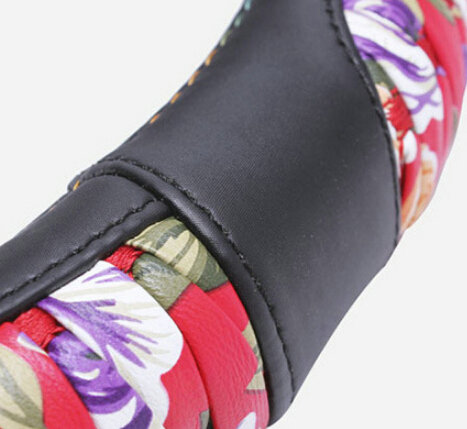 Pretty Flower Print Car Steering Wheel Wrap PU Leather 15 Inch 38CM - Red