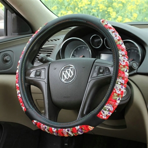 Pretty Flower Print Car Steering Wheel Wrap PU Leather 15 Inch 38CM - Red