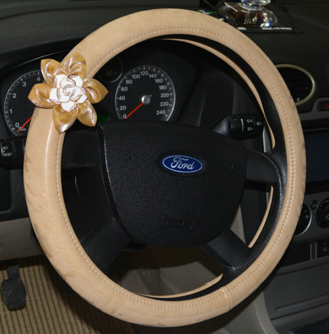 Pretty Rhododendron Car Steering Wheel Wrap PU Leather 15 Inch 38CM - Beige