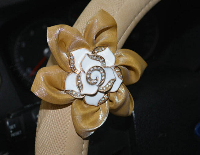 Pretty Rhododendron Car Steering Wheel Wrap PU Leather 15 Inch 38CM - Beige