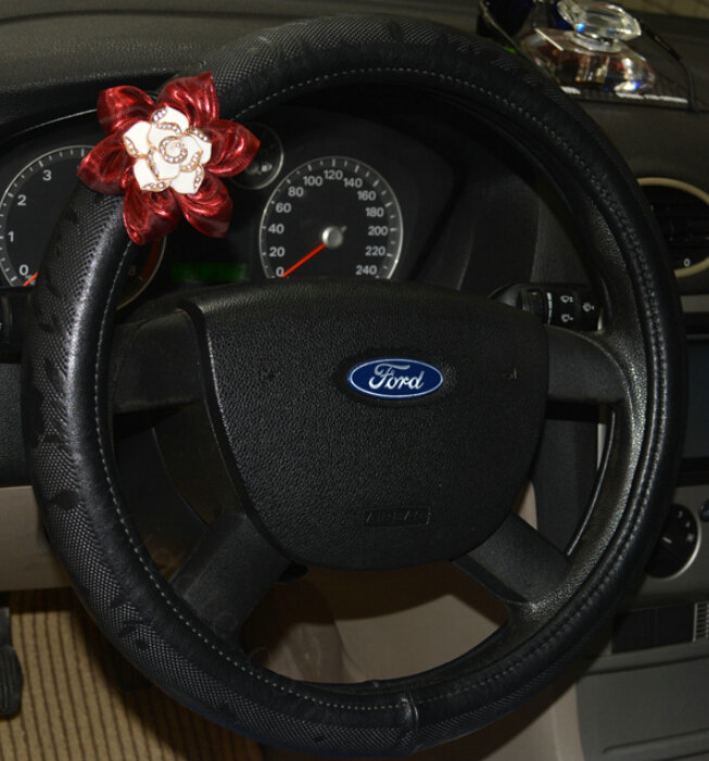 Pretty Rhododendron Car Steering Wheel Wrap PU Leather 15 Inch 38CM - Black