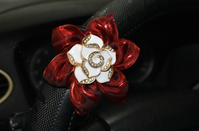 Pretty Rhododendron Car Steering Wheel Wrap PU Leather 15 Inch 38CM - Black