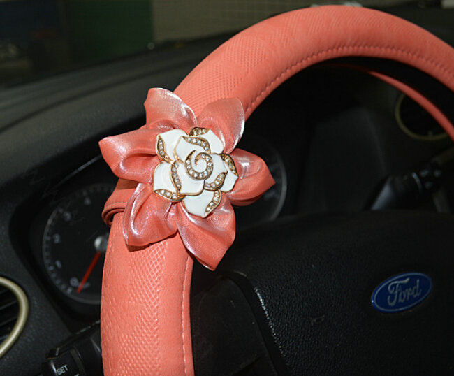Pretty Rhododendron Car Steering Wheel Wrap PU Leather 15 Inch 38CM - Orange