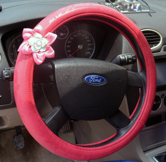 Pretty Rhododendron Car Steering Wheel Wrap PU Leather 15 Inch 38CM - Red