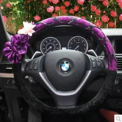 Purple Camellia Car Steering Wheel Covers Velvet 15 Inch 38CM - Black