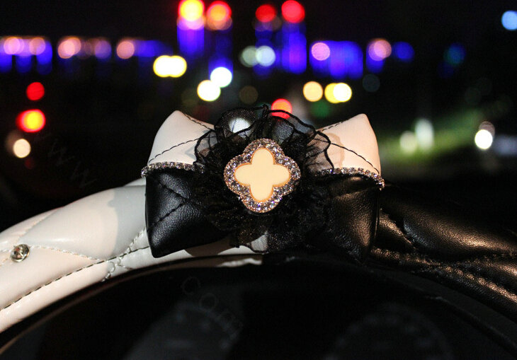 Quality Bowknot Car Steering Wheel Cover PU Leather 15 Inch 38CM - Black