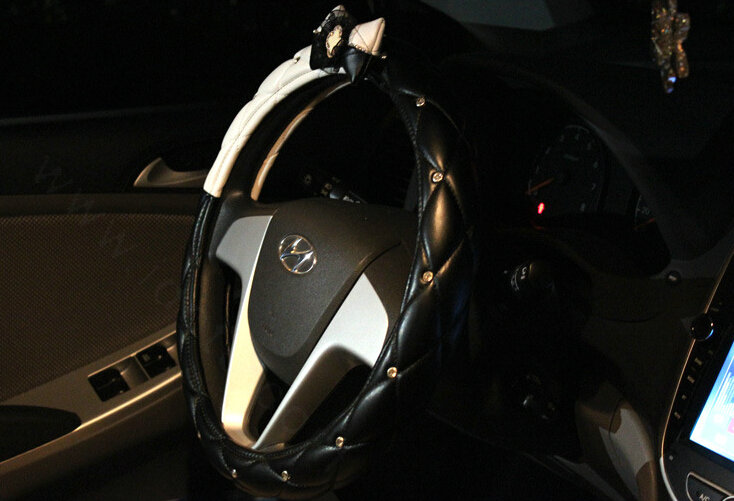 Quality Bowknot Car Steering Wheel Cover PU Leather 15 Inch 38CM - Black