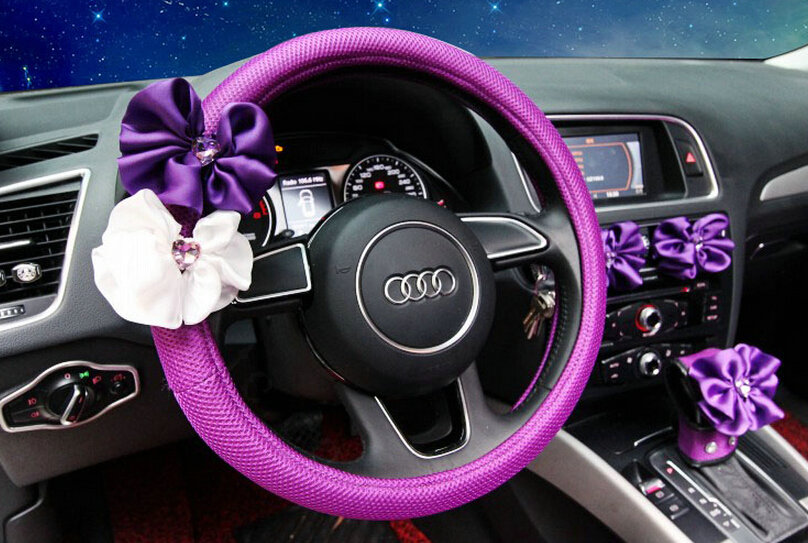 Quality Bowknot Flower Car Steering Wheel Cover Fiber Cloth 15 Inch 38CM - Purple