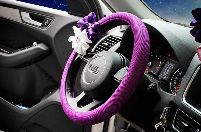Quality Bowknot Flower Car Steering Wheel Cover Fiber Cloth 15 Inch 38CM - Purple
