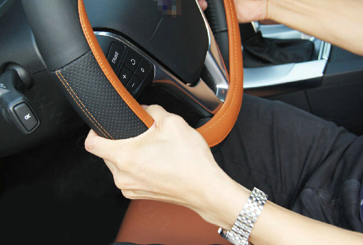 Quality Car Steering Wheel Covers Genuine Leather 15 Inch 38CM - Black Brown