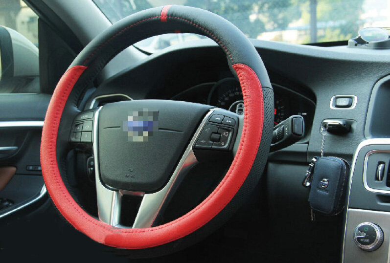 Quality Car Steering Wheel Covers Genuine Leather 15 Inch 38CM - Black Red