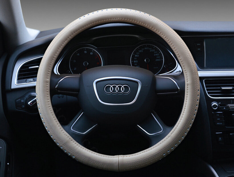 Quality Car Steering Wheel Wrap Genuine Leather 15 Inch 38CM - Beige